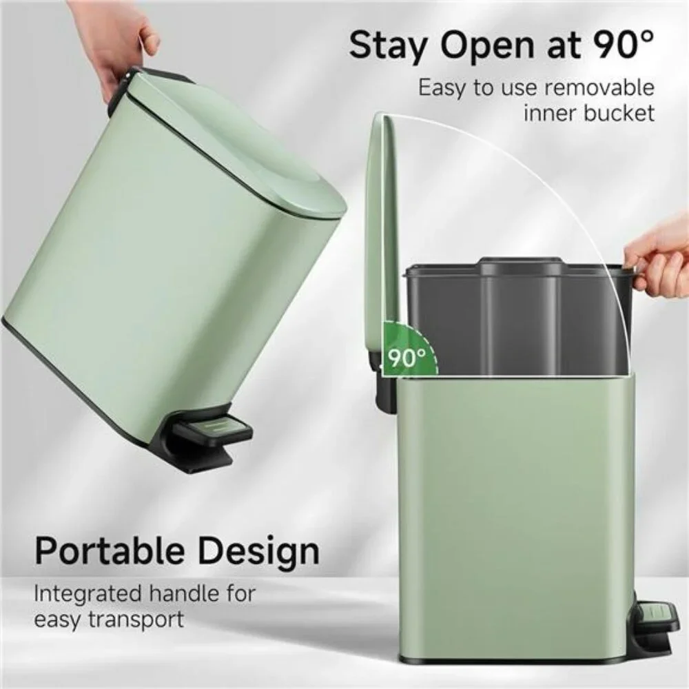Green Slim Bathroom Trash Can with Lid Pedal Small Garbage Bin with Bucket